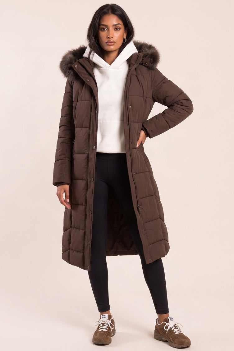 Chocolate Detachable Faux Fur Trim Hooded Maxi Puffer Coat - Prudence