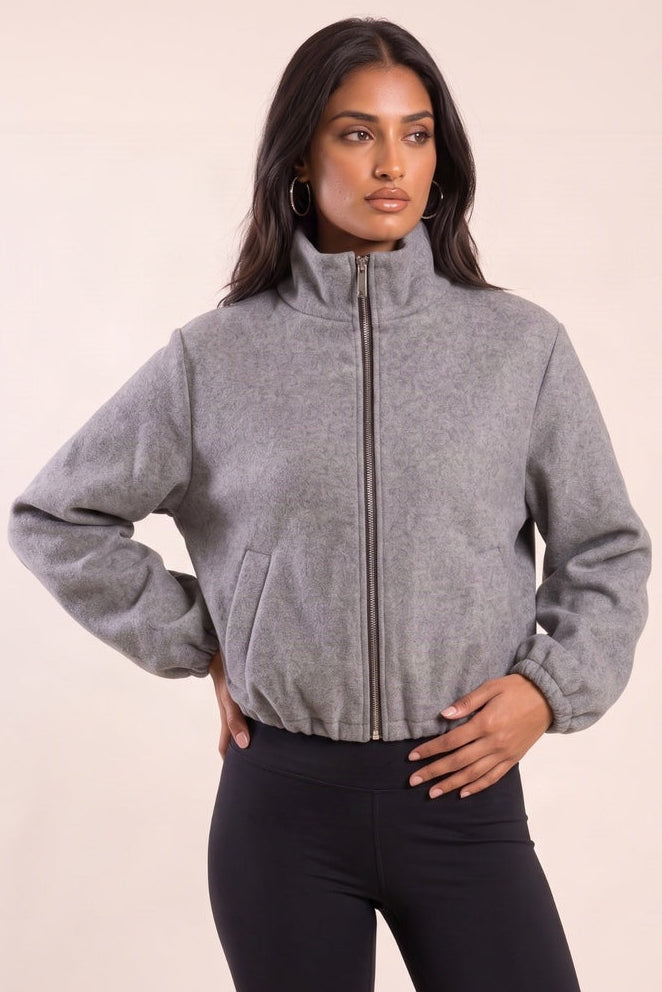Grey Wool Look High Neck Zip Up Bomber Jacket - Jennifer