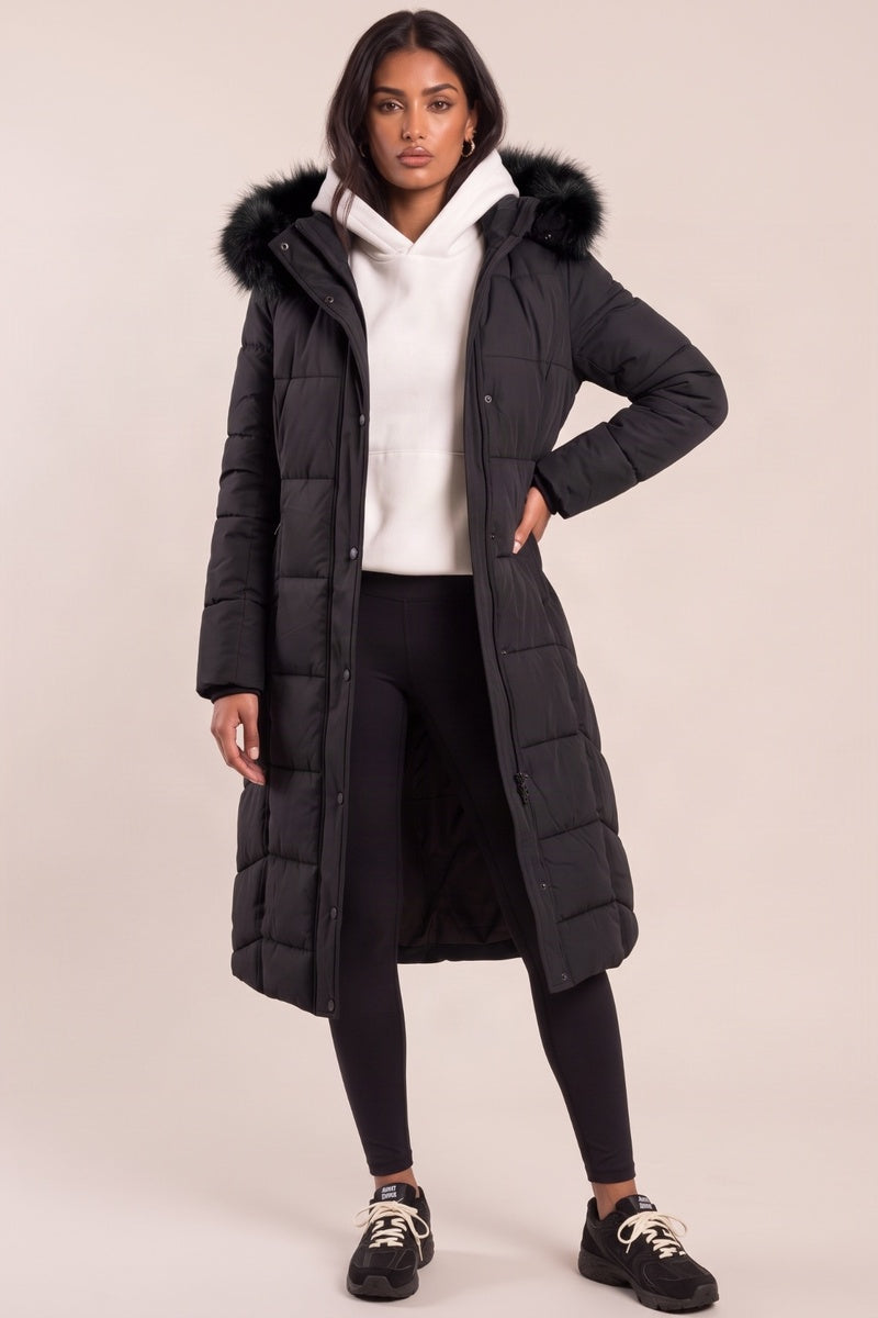 Black Detachable Faux Fur Trim Hooded Maxi Puffer Coat - Prudence