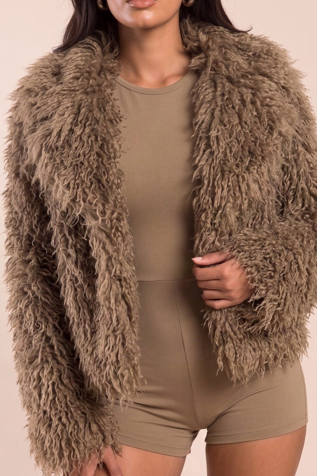 Brown Shaggy Faux Fur Jacket - Elsie