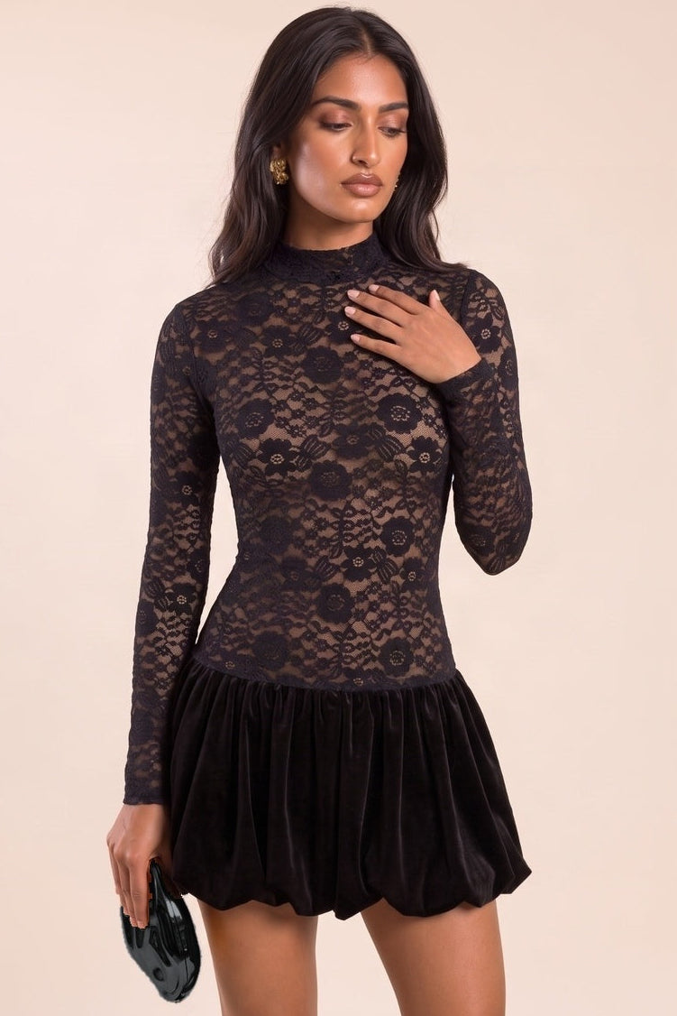 Black Velvet Lace Puffball Mini Dress - Siya
