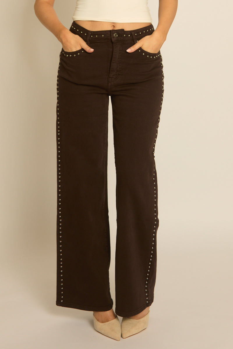 Chocolate Brown Studded Wide Leg Denim Jeans - Cardon