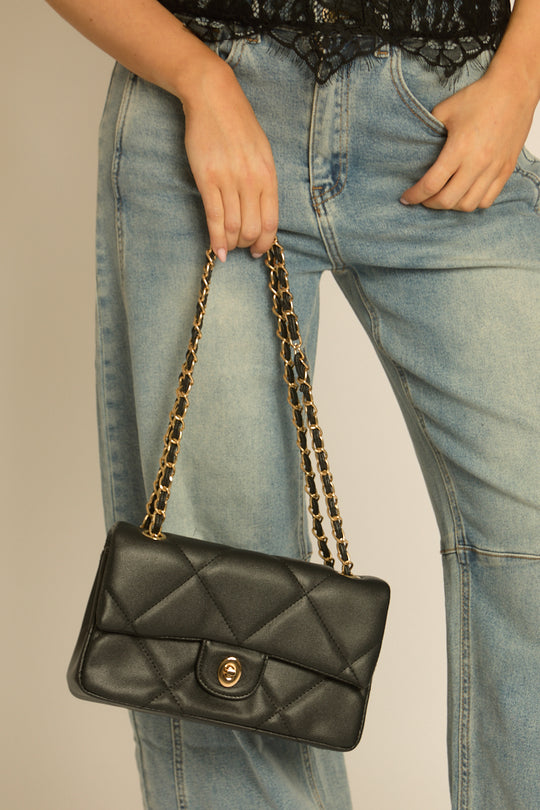 Black Quilted Chain Faux Leather Shoulder Bag - Drew
