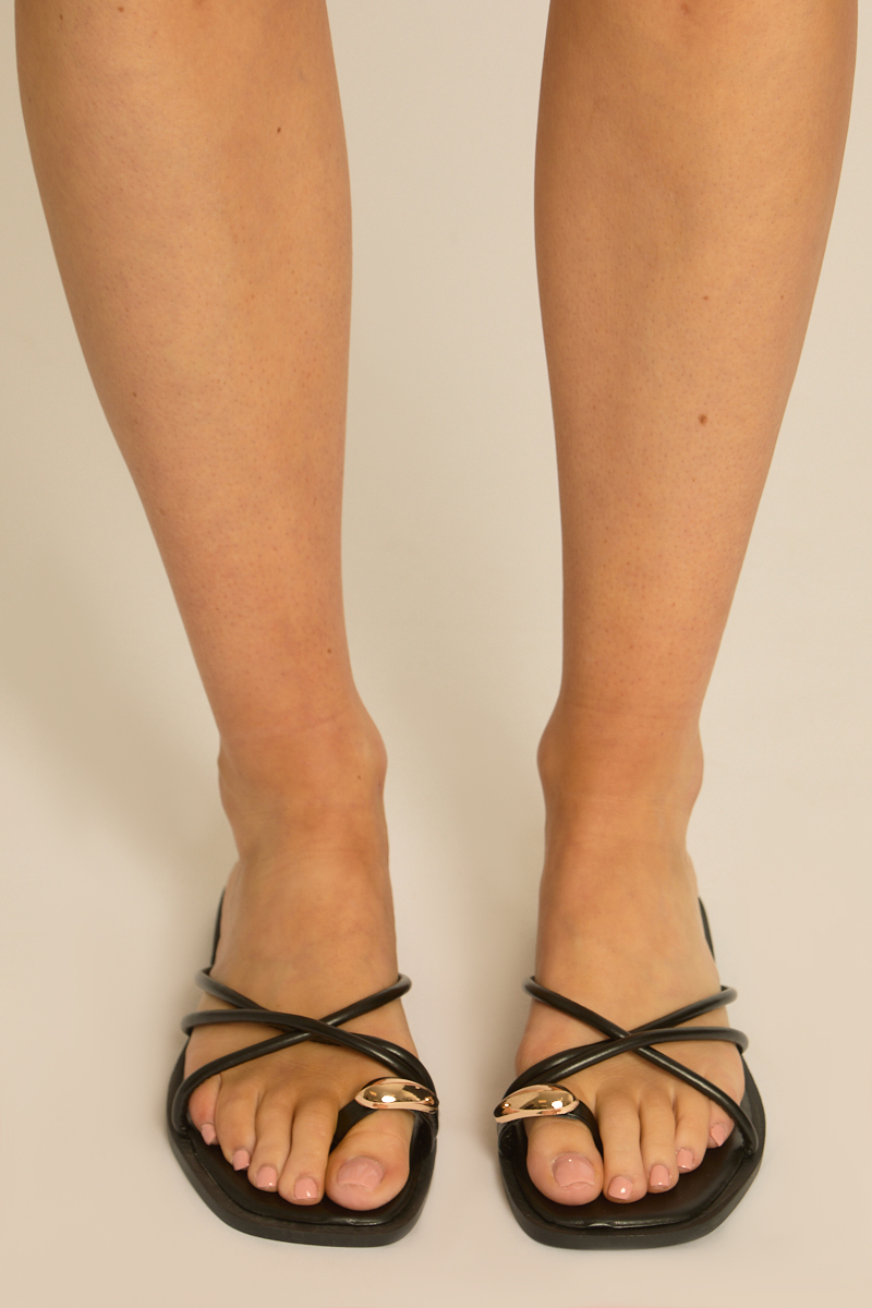 Black Strappy Gold Trim Flat Slider Sandals - Brindy