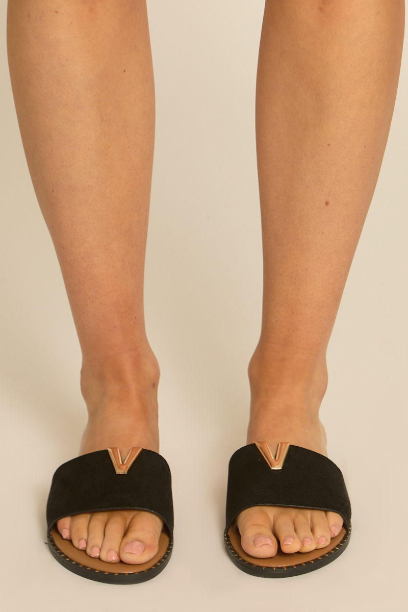 Black Gold Trim Studded Flat Slider Sandals - Holden