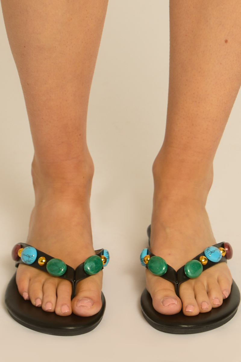 Black Thong Strap Gemstone Flat Slider Sandals - Ebonie