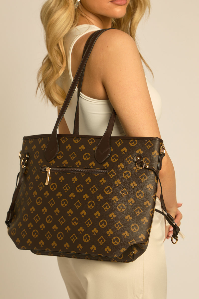 Brown Logo Detail Faux Leather 2 Piece Oversized Bag - Armina