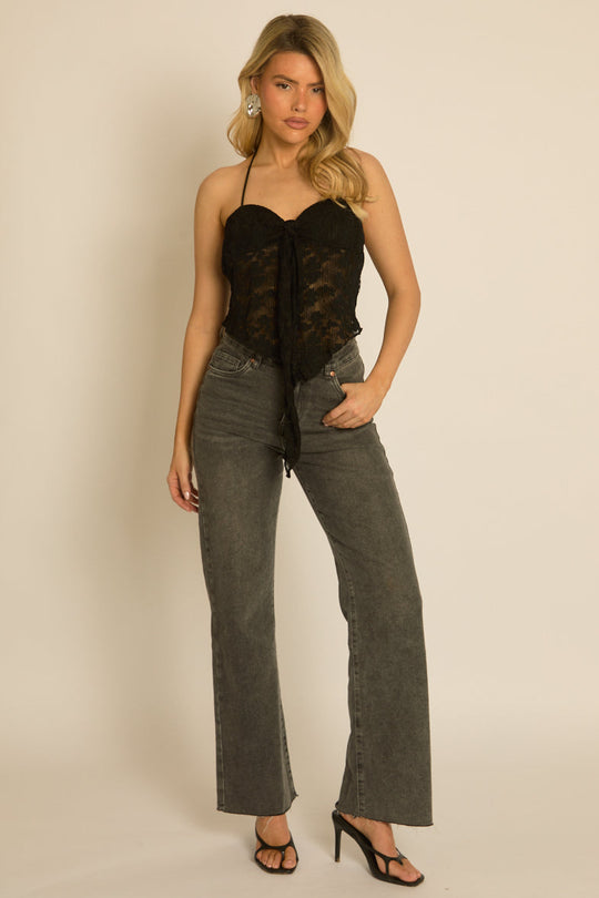 Black Lace Halterneck Tie Front Top - Elder