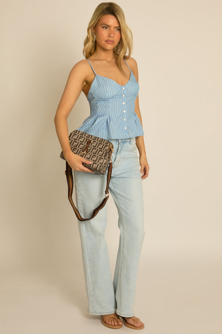 Brown Logo Detail Faux Leather Shoulder Bag - Avanna