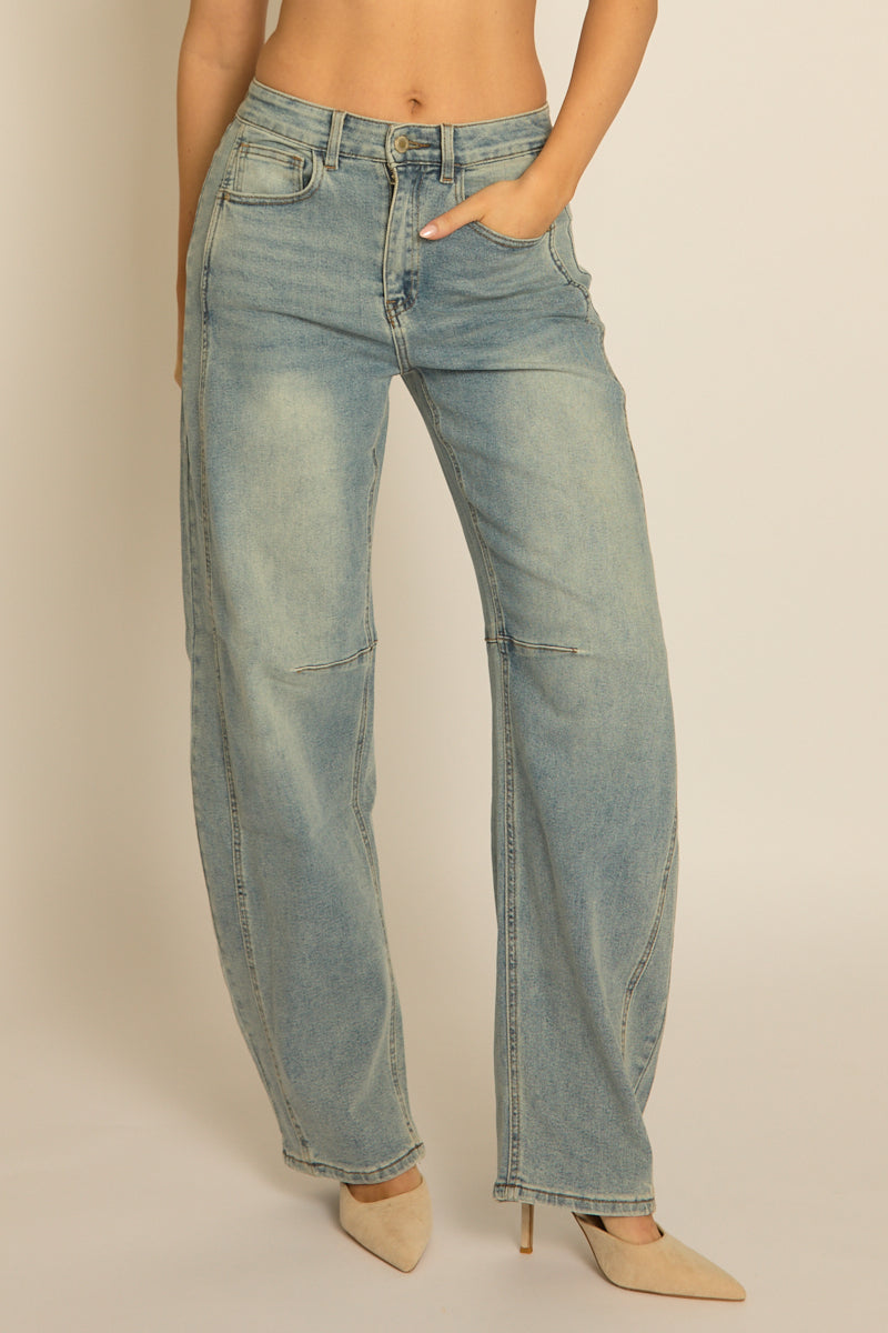 Blue Washed Stretch Denim Barrel Leg Jeans - Orson