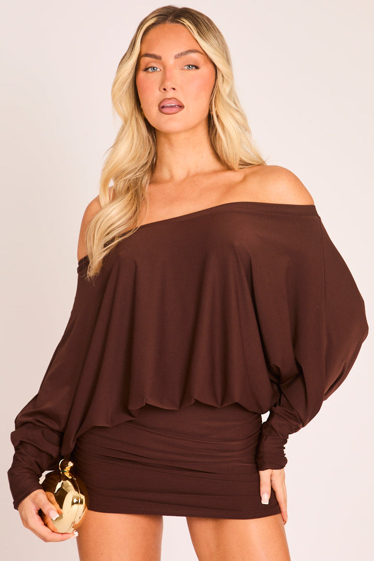 Chocolate Batwing Bardot Mini Dress - Clarice