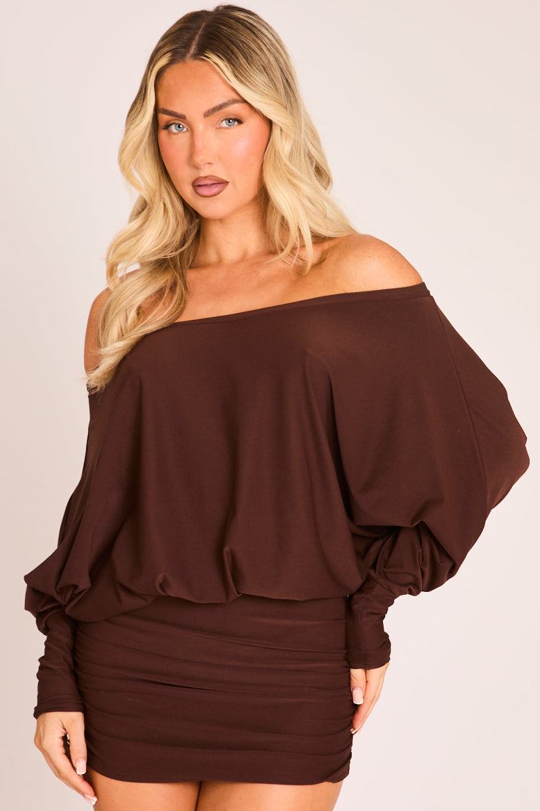 Chocolate Batwing Bardot Mini Dress - Clarice
