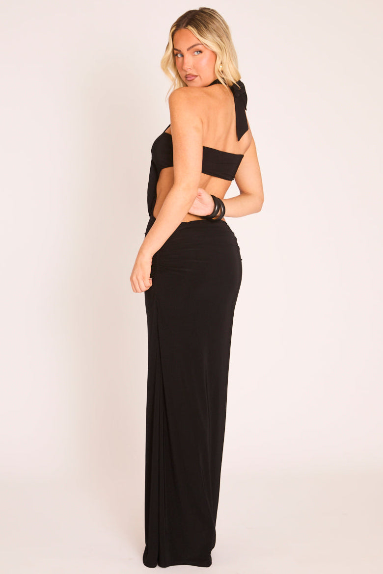 Black Drape High Neck Maxi Dress - Layna
