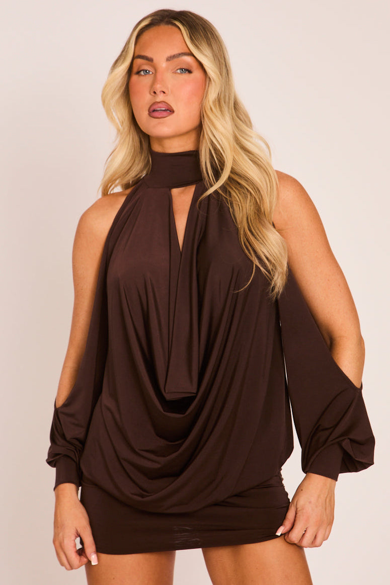 Chocolate Cold Shoulder Cowl Mini Dress - Phoebe