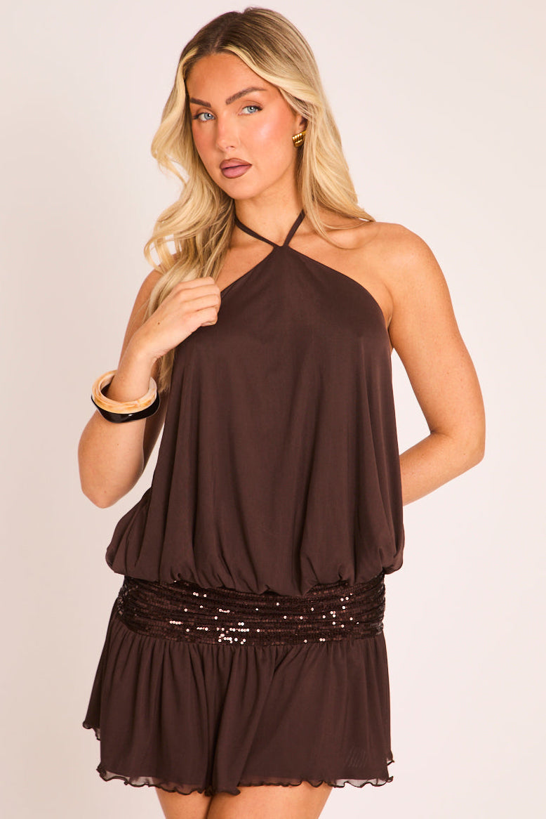 Chocolate Sequin Panel Detail Mesh Mini Dress - Cara