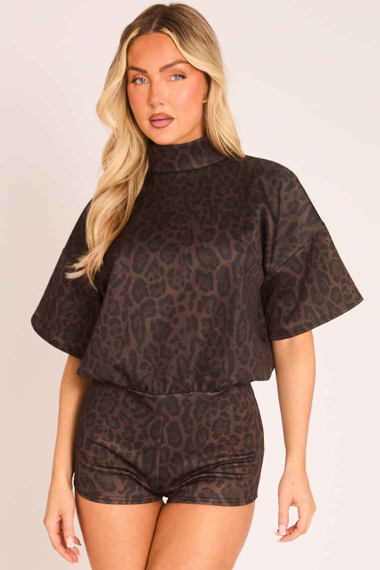 Brown Leopard Print Open Back Micro Playsuit - Whitney