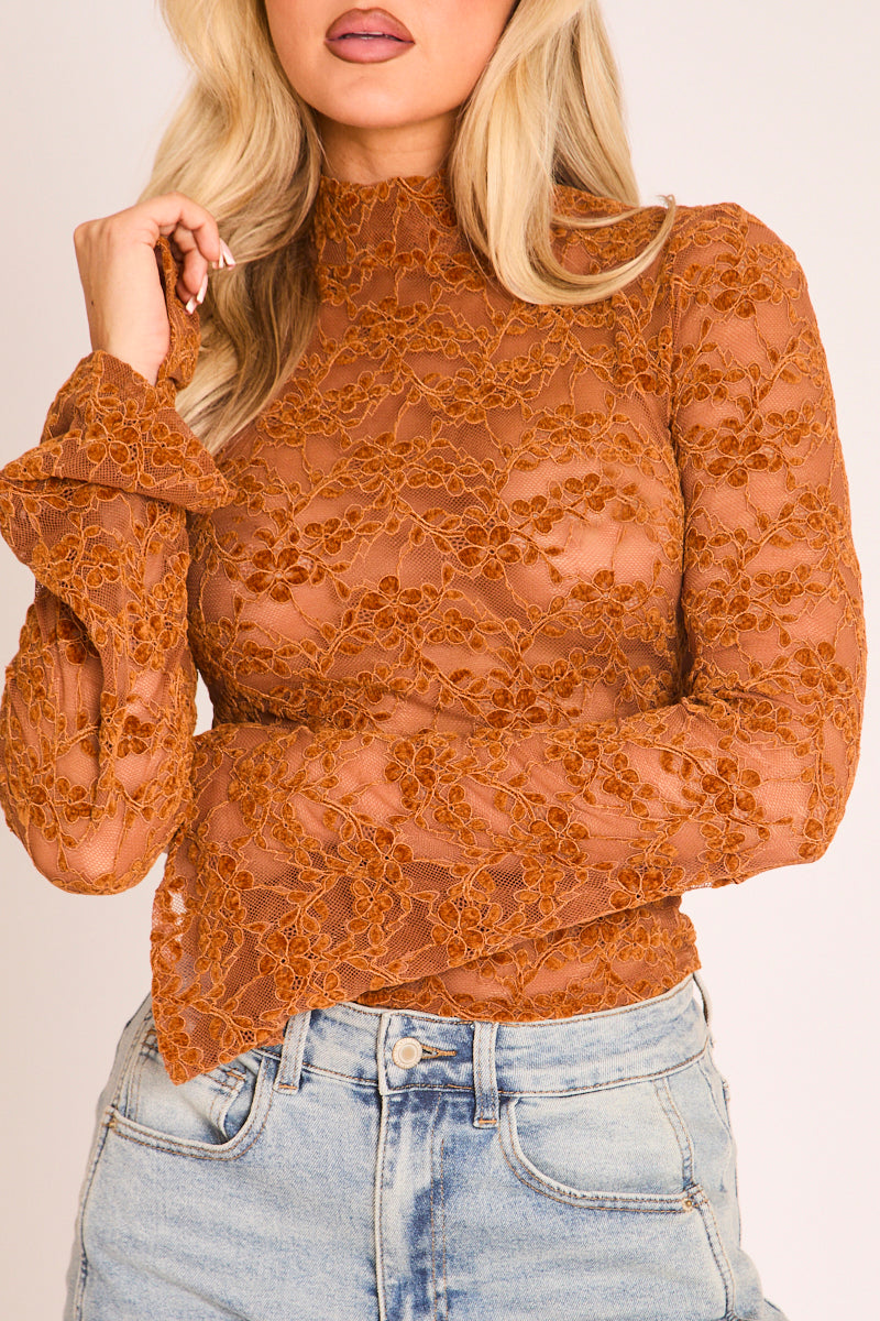 Rust Lace High Neck Flute Sleeve Top - Fenella