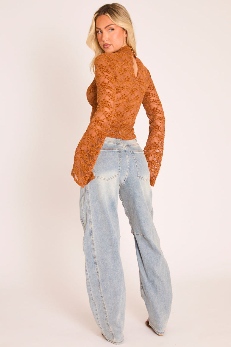 Rust Lace High Neck Flute Sleeve Top - Fenella