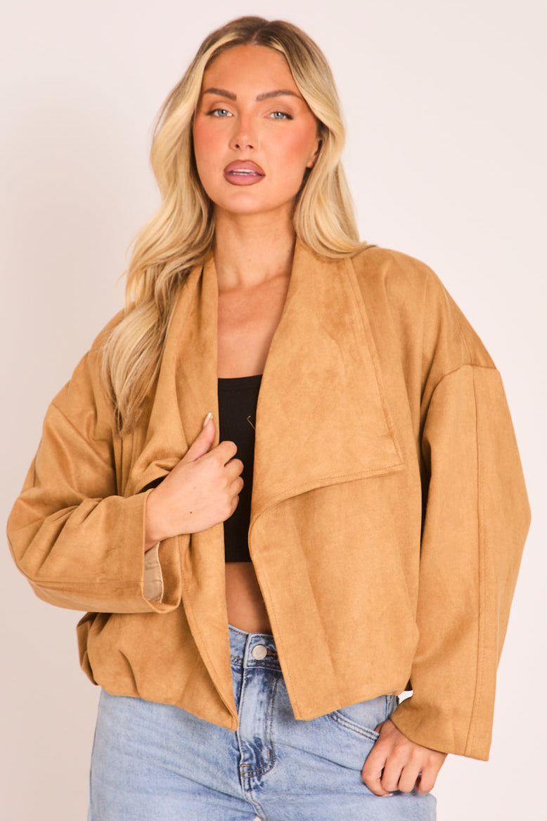 Sand Faux Suede Waterfall Jacket - Pancy