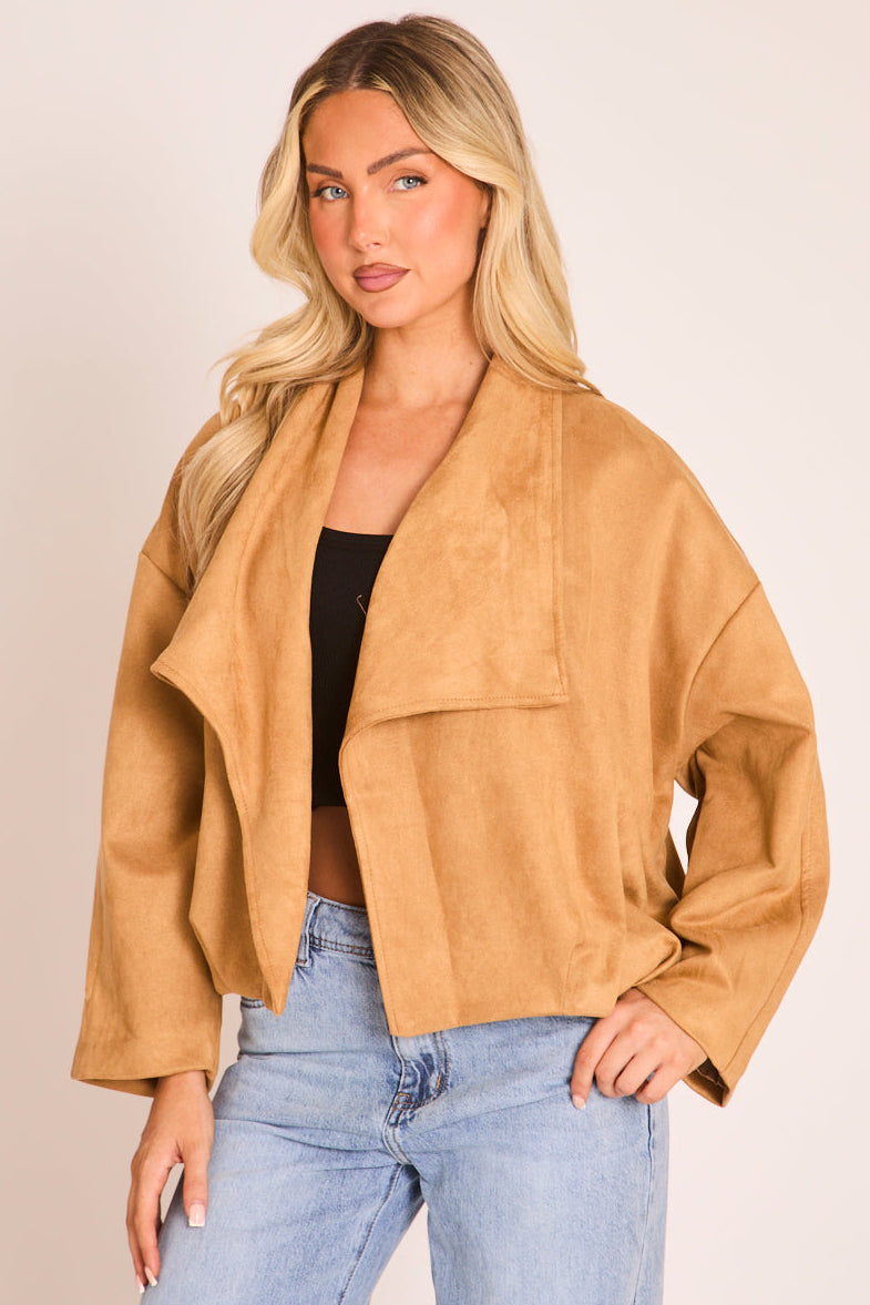 Sand Faux Suede Waterfall Jacket - Pancy