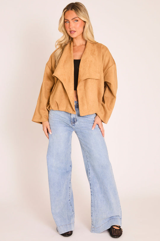 Sand Faux Suede Waterfall Jacket - Pancy