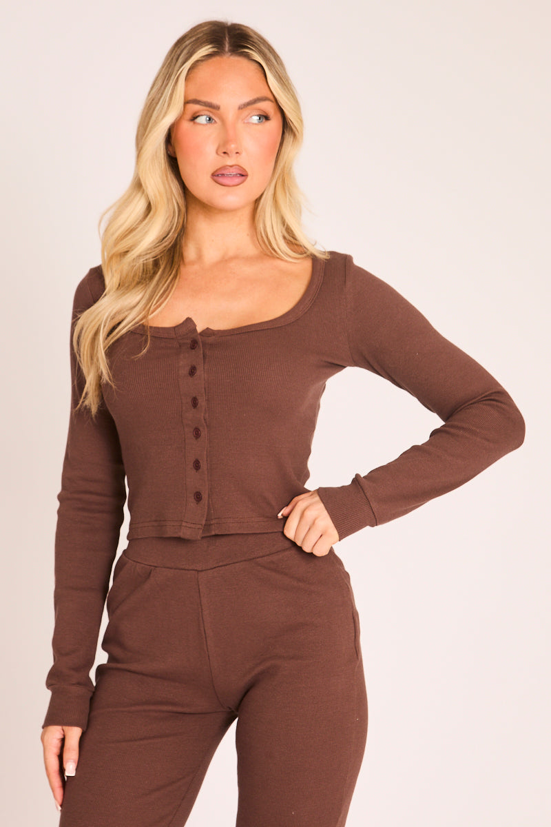 Chocolate Rib Button Front Capri Co-Ord - Zebrace