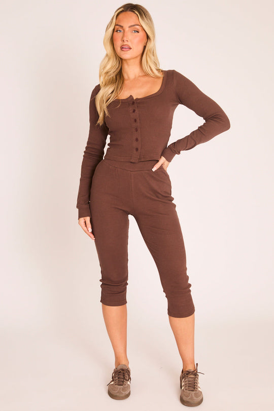 Chocolate Rib Button Front Capri Co-Ord - Zebrace