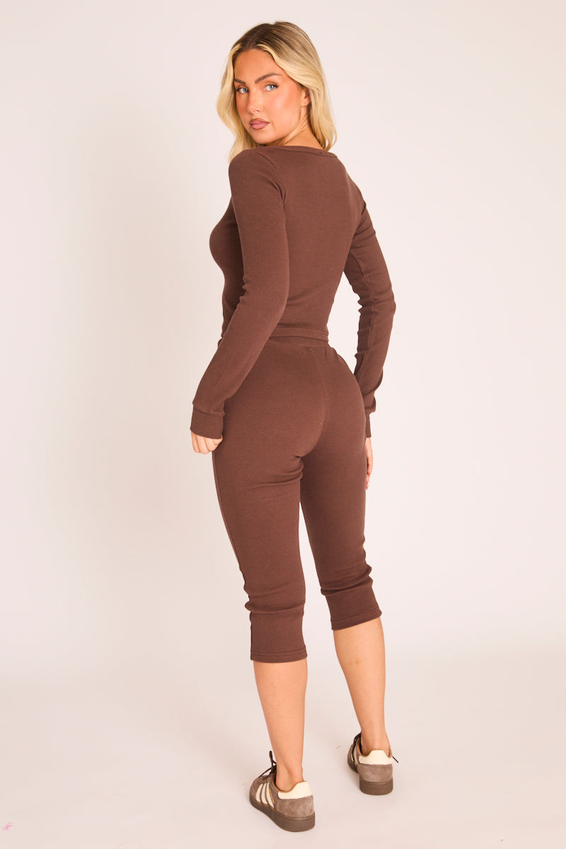 Chocolate Rib Button Front Capri Co-Ord - Zebrace