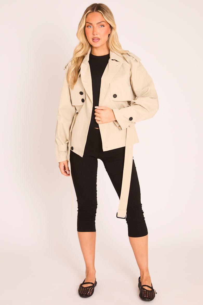 Stone Double Breast Cropped Trench Coat - Olinsa
