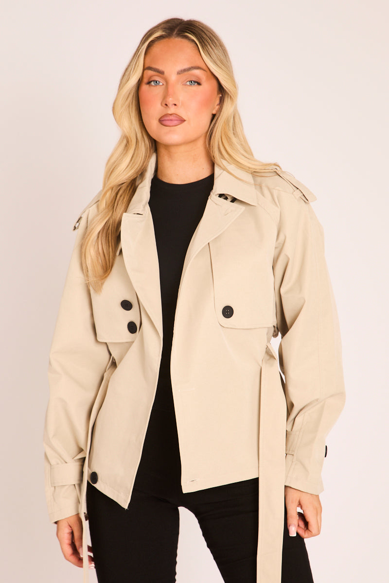 Stone Double Breast Cropped Trench Coat - Olinsa