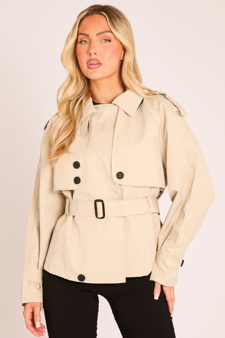 Stone Double Breast Cropped Trench Coat - Olinsa