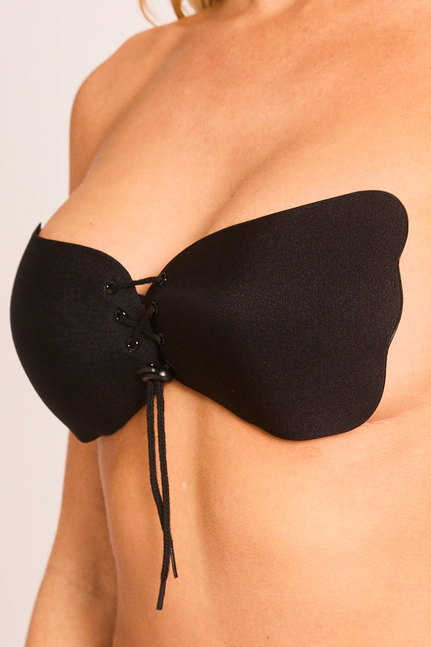 Black Lace Up Drawstring Stick On Backless Bra - Georgie