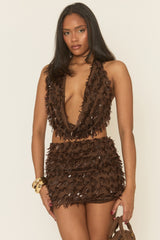 Chocolate Sequin Halter Top and Mini Skirt Co-ord Set - Carris