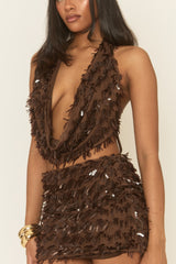 Chocolate Sequin Halter Top and Mini Skirt Co-ord Set - Carris