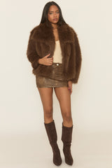 Brown Collared Faux Fur Coat - Elenita