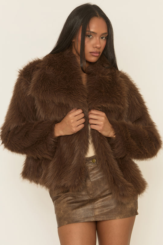 Brown Collared Faux Fur Coat - Elenita