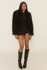 Black Shaggy Faux Fur Coat - Devne