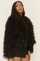 Black Shaggy Faux Fur Coat - Devne