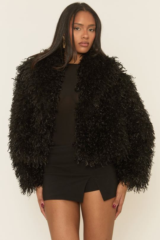 Black Shaggy Faux Fur Coat - Devne