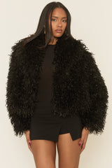 Black Shaggy Faux Fur Coat - Devne