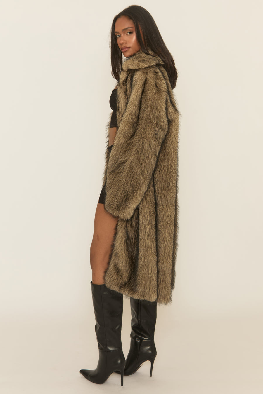Brown Long Faux Fur Coat - Elisha
