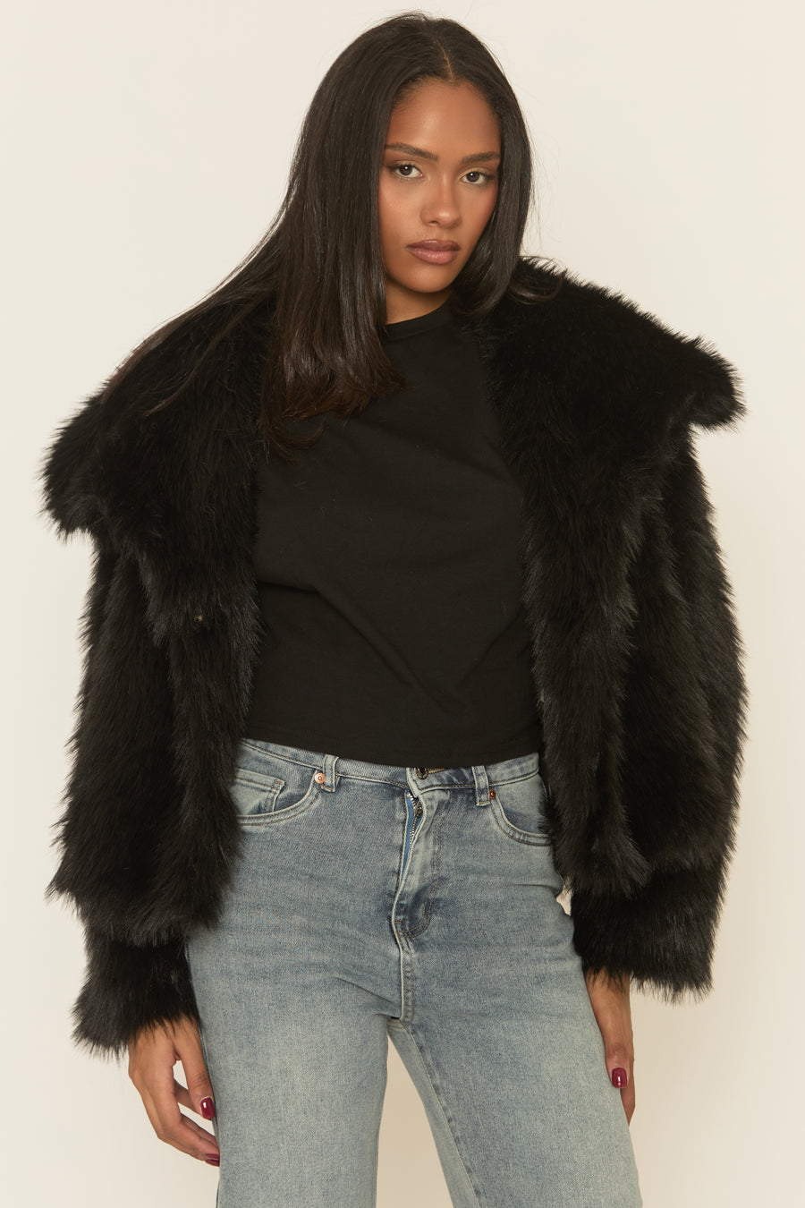 Black Collared Faux Fur Coat - Elenita