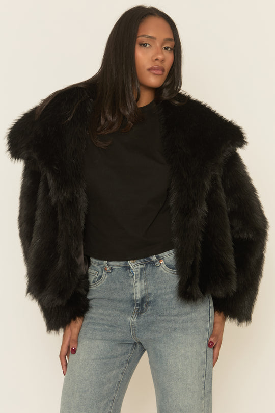 Black Collared Faux Fur Coat - Elenita