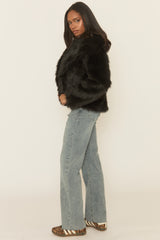 Black Collared Faux Fur Coat - Elenita