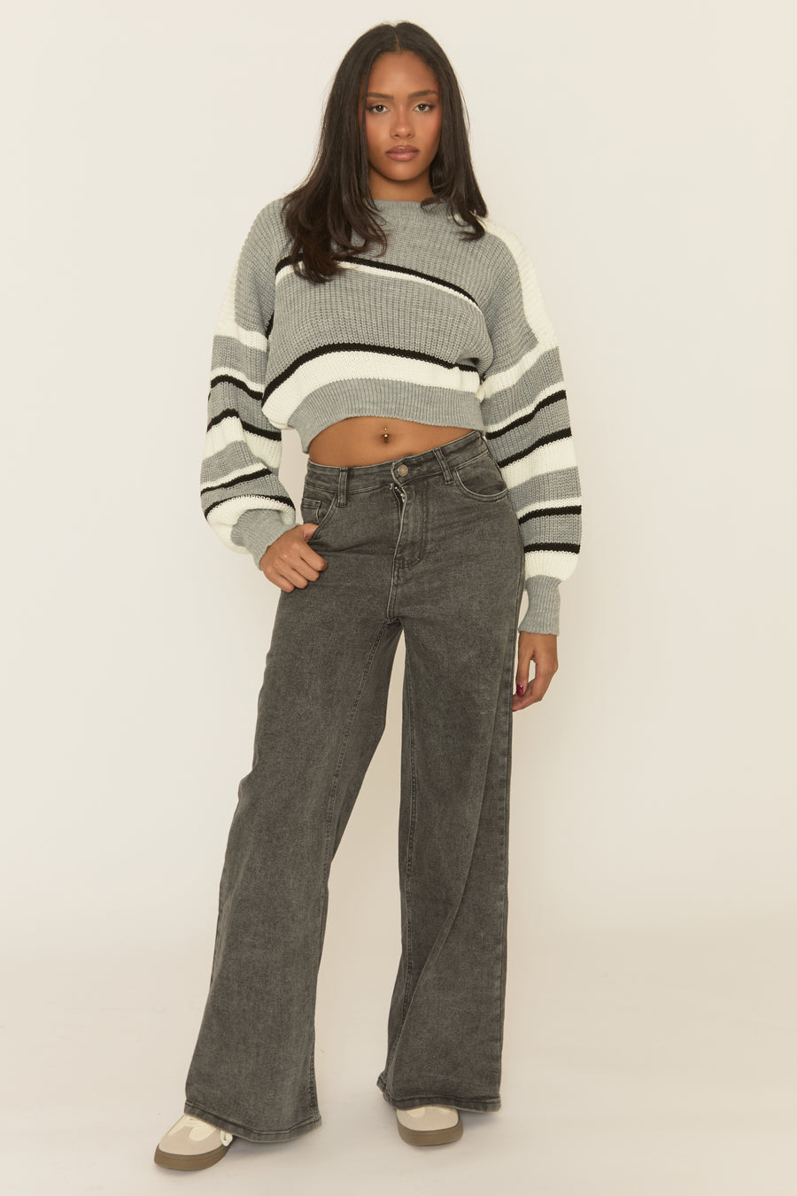 Grey Stripe Cropped Knit Jumper - Isobella