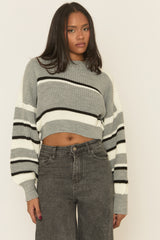 Grey Stripe Cropped Knit Jumper - Isobella