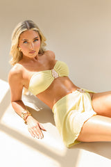 Yellow Crinkle Gold Trim Bikini And Skirt 3 Piece - Cassandra