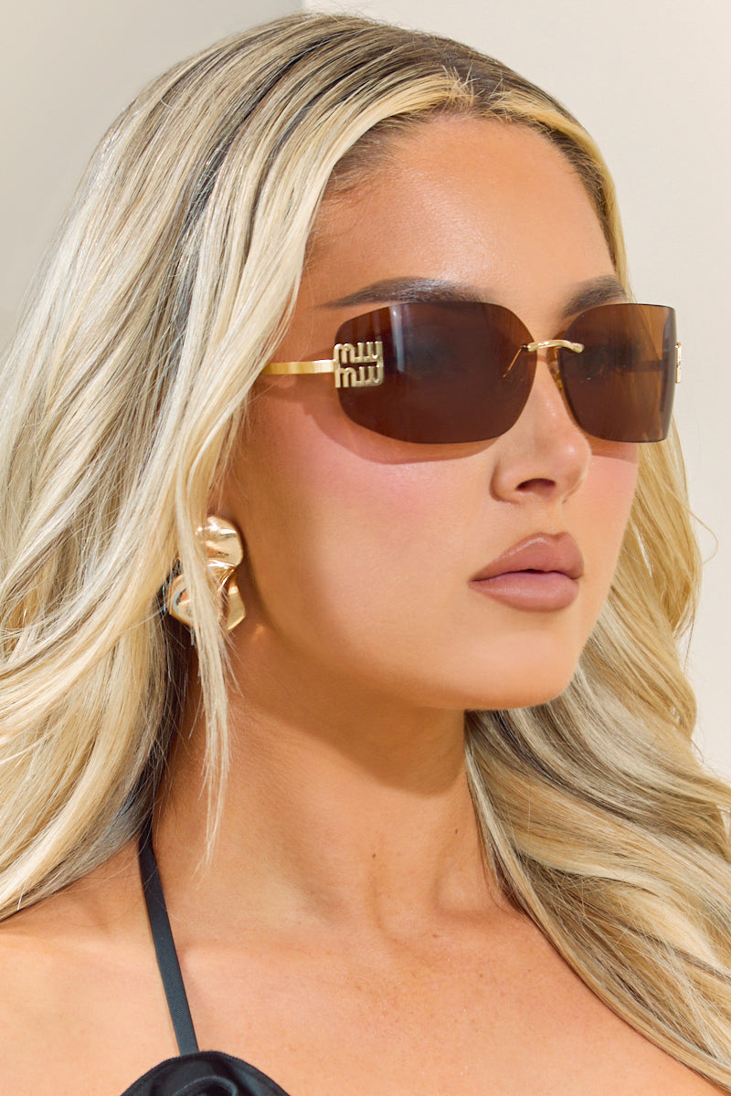 Gold Frameless Brown Tinted Lense Sunglasses - Gigi