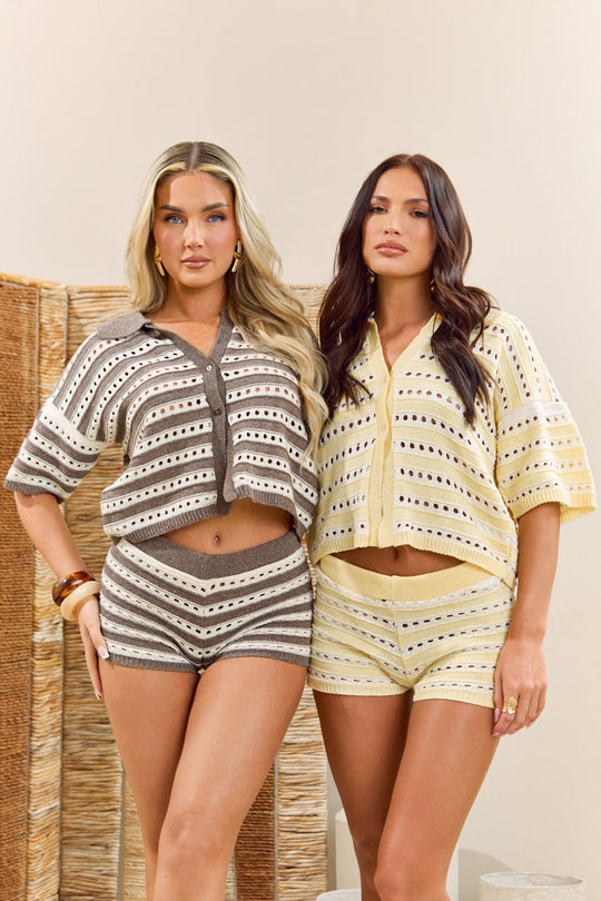 Butter Yellow Crochet Cropped Shirt and Short Co-ord Set - Clover