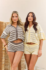 Butter Yellow Crochet Cropped Shirt and Short Co-ord Set - Clover